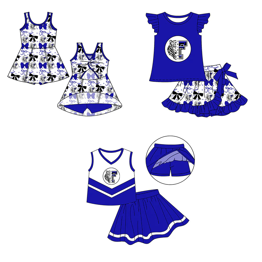 ( Moq 5 each style ) Baby Girl Summer Tiger Team Cheer Sibling Blue Bows Dress Set 7.18