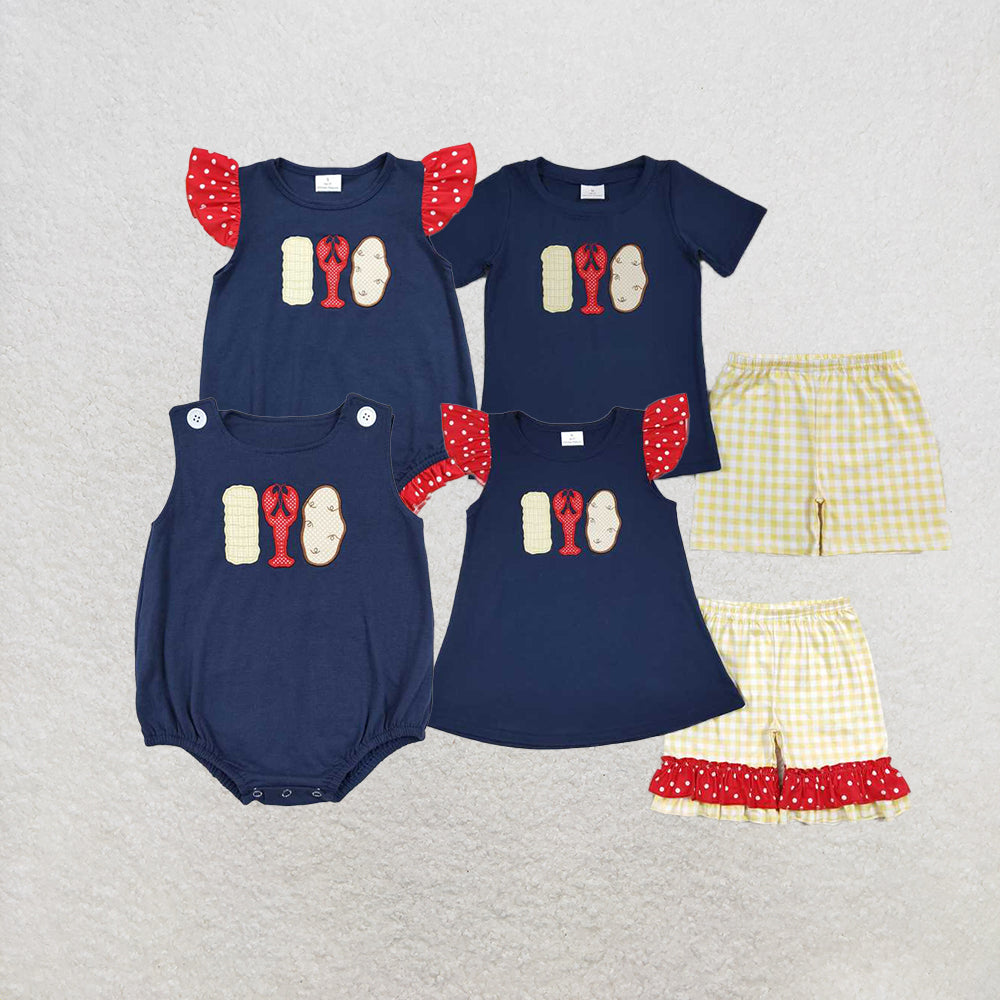 Baby Boy Girl Embroidery Crawfish Summer Sibling Romper Set Clothes RTS