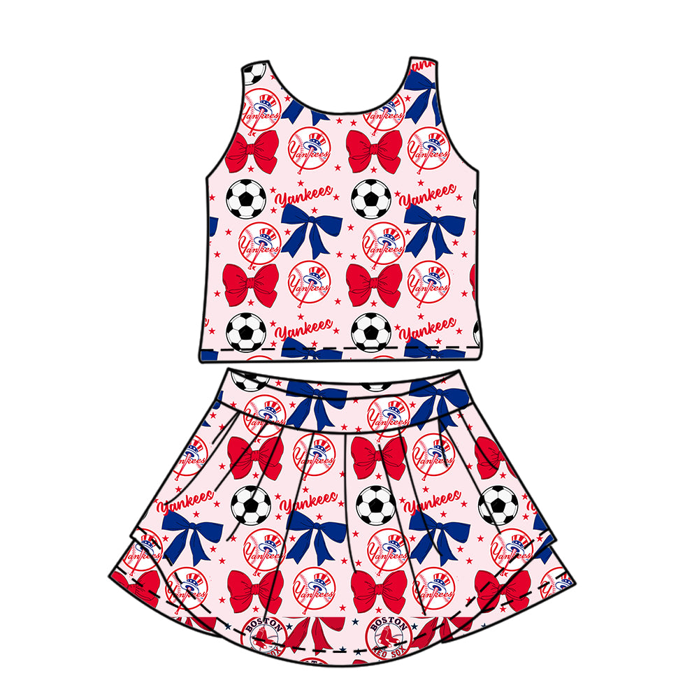 ( Moq 5 each style ) Baby Girl Toddler Team Red Blue Bows Soccer‌ Sibling Shirt Dress Set
