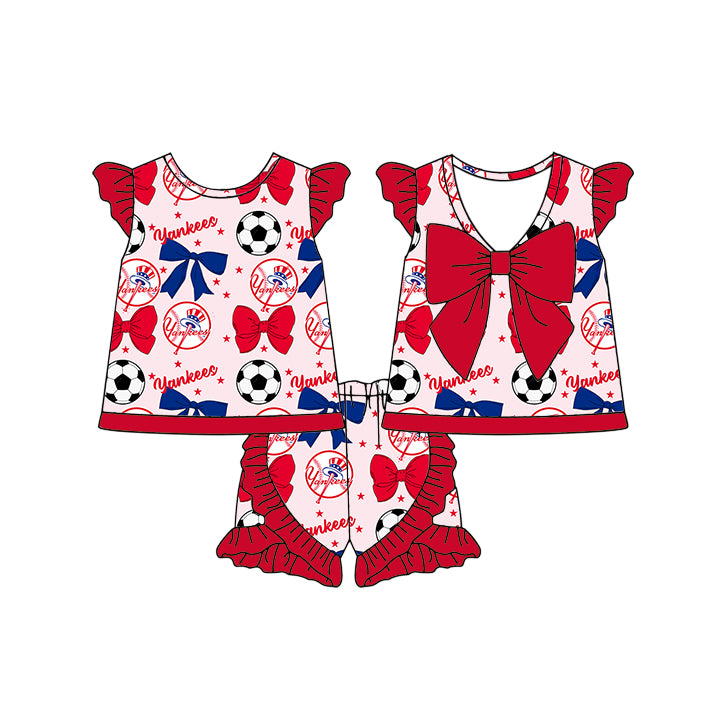 ( Moq 5 each style ) Baby Girl Toddler Team Red Blue Bows Soccer‌ Sibling Shirt Dress Set