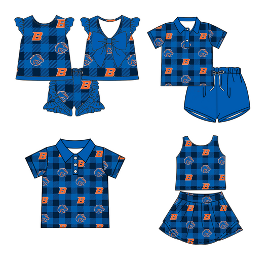 ( Moq 5 each style ) Baby Boy Girl B Team Plaid Blue Sibling Shirt Set