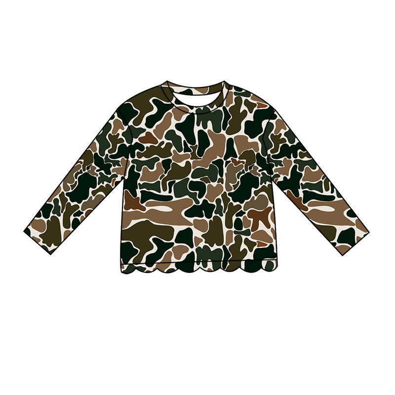( Moq 5 ) Preorder Baby Girls Kids Long Sleeves Brown Camo Scallop Shirt Kids Tops Clothes