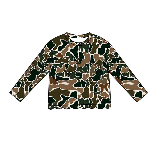 ( Moq 5 ) Preorder Baby Girls Kids Long Sleeves Brown Camo Scallop Shirt Kids Tops Clothes