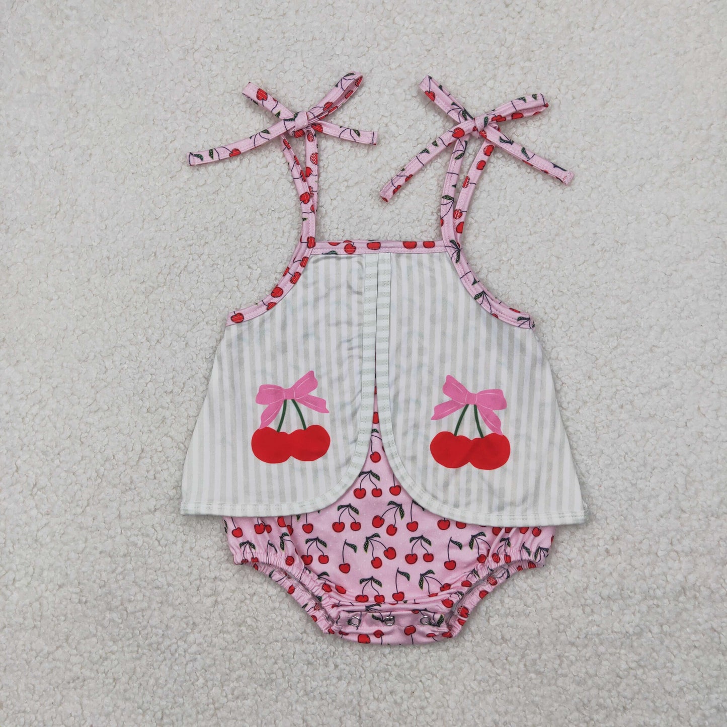 Baby Girl Infant Straps Cherry Summer Bubble Romper RTS