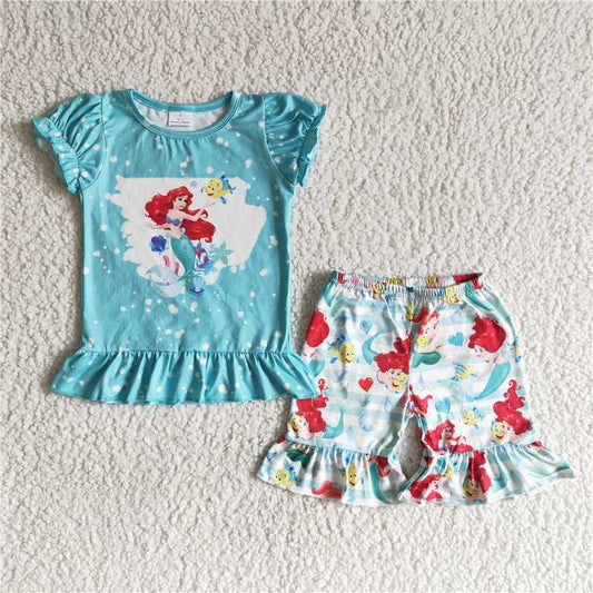 Promotion Baby Girl Sumner Mermaid Shirt Ruffle Shorts Blue Outfit