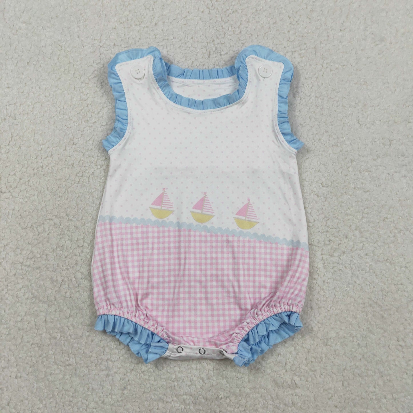 Baby Boys Kids Sleeveless Boats Green Plaid Dots Bubble Romper RTS