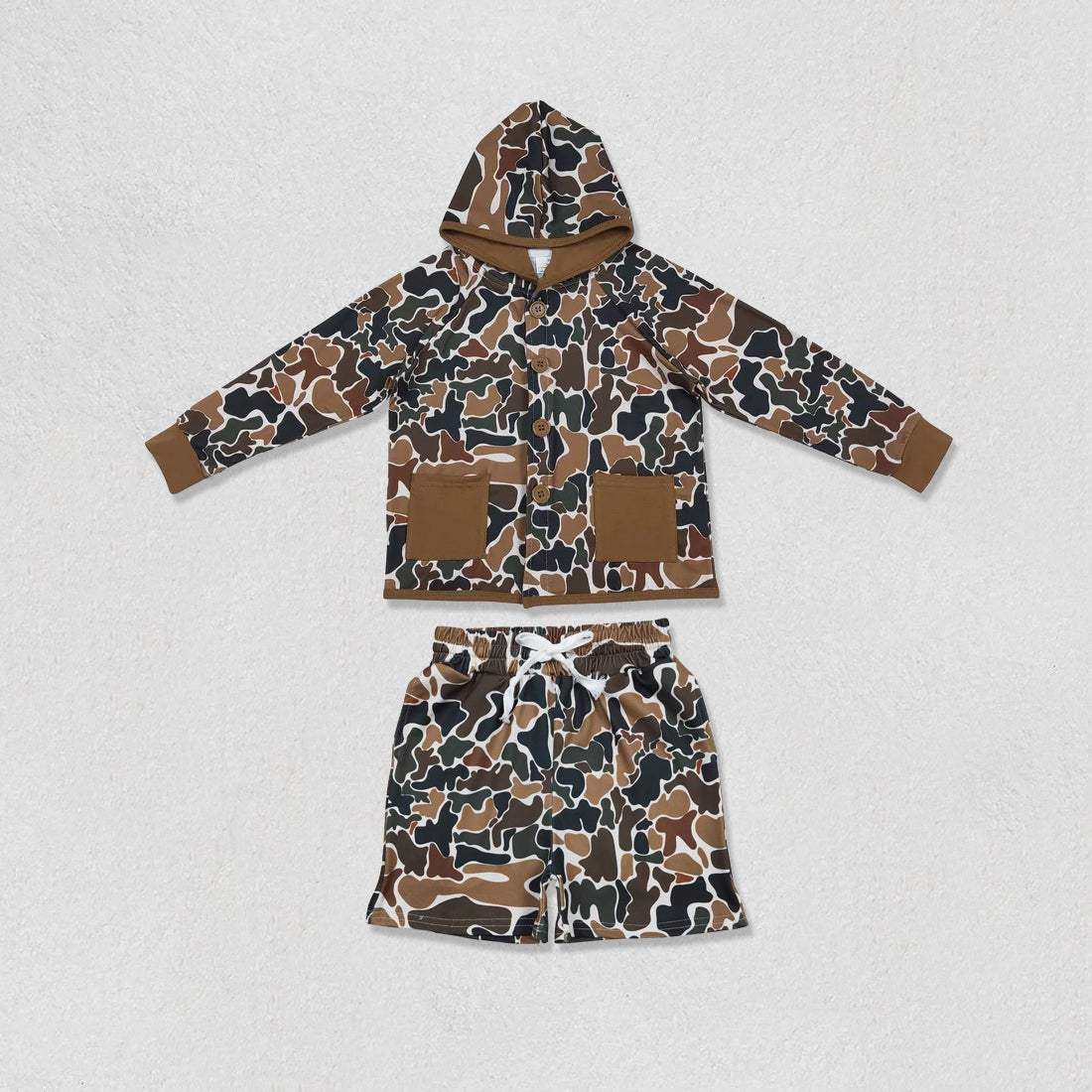 Baby Boys Long Sleeves Southern Brown Green Camo Pockets Buttons Hoodie Shirt Shorts Clothes Set RTS