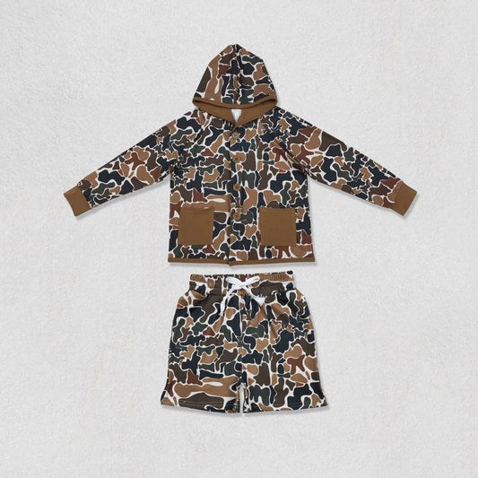 Baby Boys Long Sleeves Southern Brown Green Camo Pockets Buttons Hoodie Shirt Shorts Clothes Set RTS