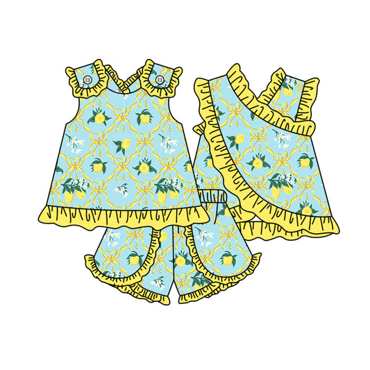 ( Moq 5 ) Preorder Baby Girl Kids Lemons Bows Ruffle Tops Shorts Set Summer Clothes