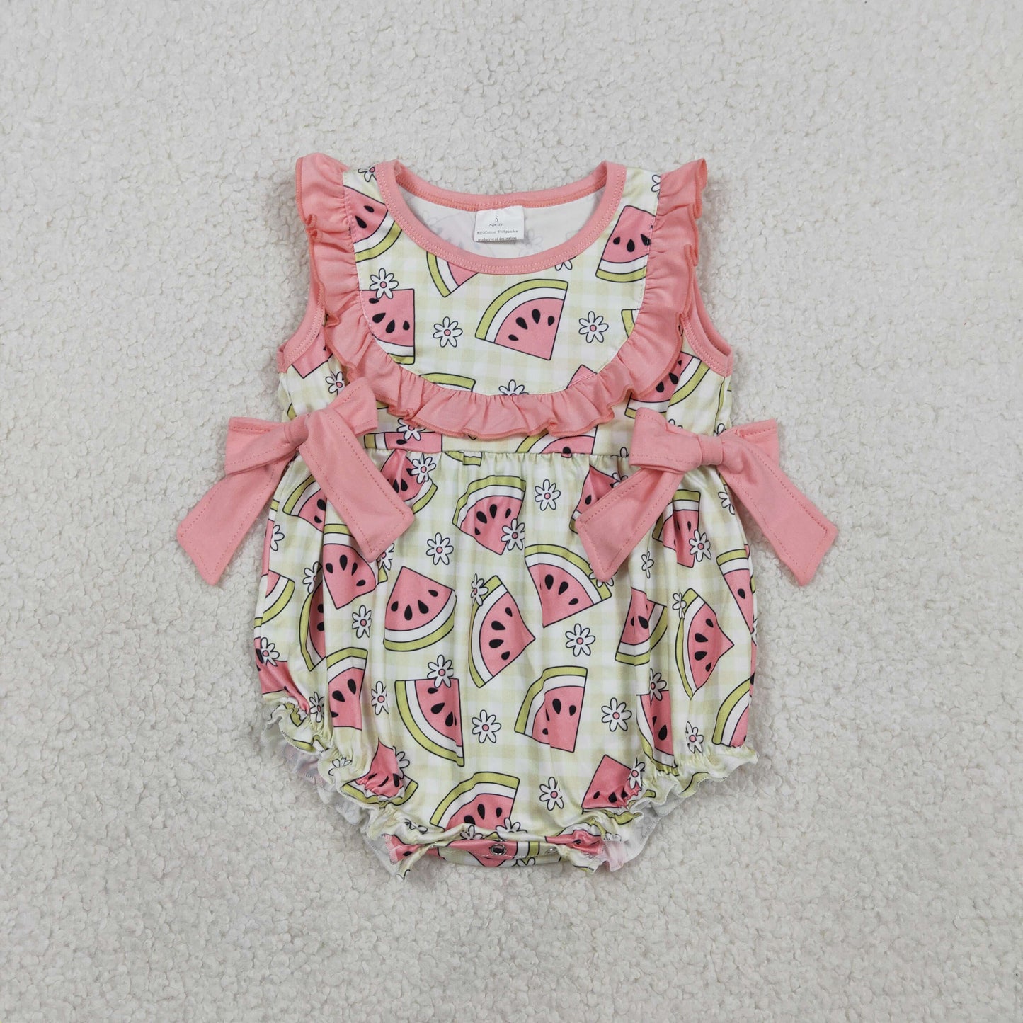 Baby Girls Sleeveless Watermelon Flower Bows Bubble Romper RTS