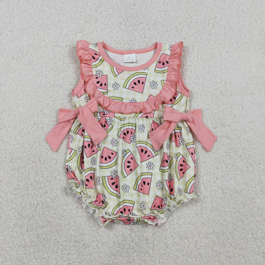 Baby Girls Sleeveless Watermelon Flower Bows Bubble Romper RTS
