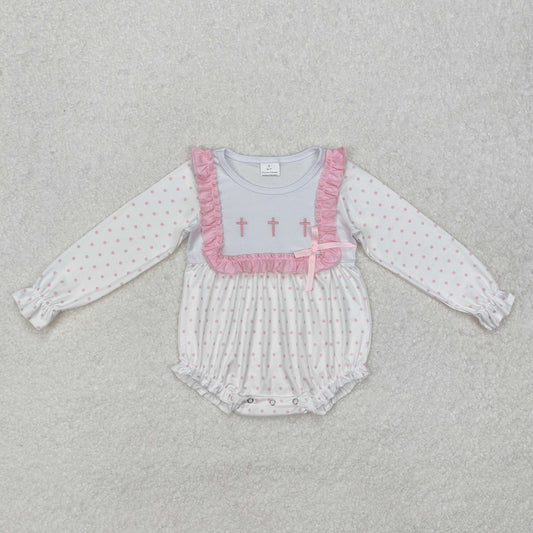 Baby Girl Infant Long Sleeves Pink Dots Embroidery Cross Easter Bubble Romper