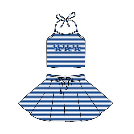 ( Moq 5 ) Baby Girls Kids Halter UK Shirt Blue Stripes Shorts Skirt Team Clothes Set