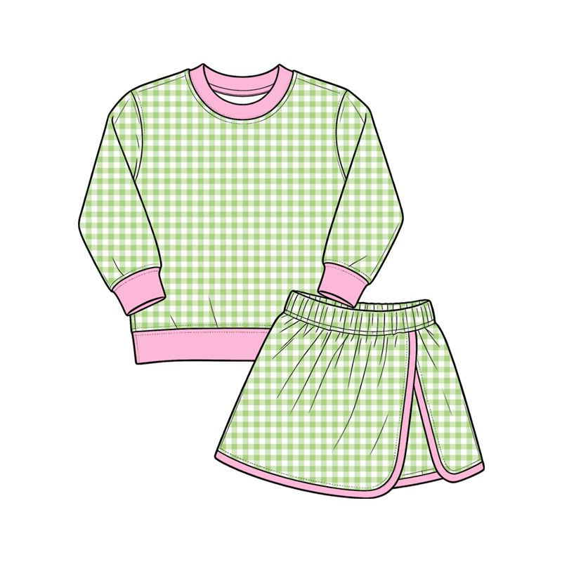 ( Moq 5 ) Preorder Baby Girls Kids Long Sleeves Green Plaid Shirt Skirt Shorts Set Yoga Active Clothes