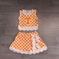 ( No moq ) Preorder Baby Girls Kids Orange Checked Shirt Scallop Bows Skirt Shorts Team Set Yoga Active Clothes