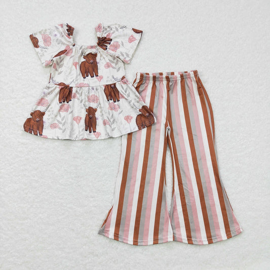 GSP00961 Baby Girl Short Sleeves Cow Floral Stripes Bell Pants Western Outfit