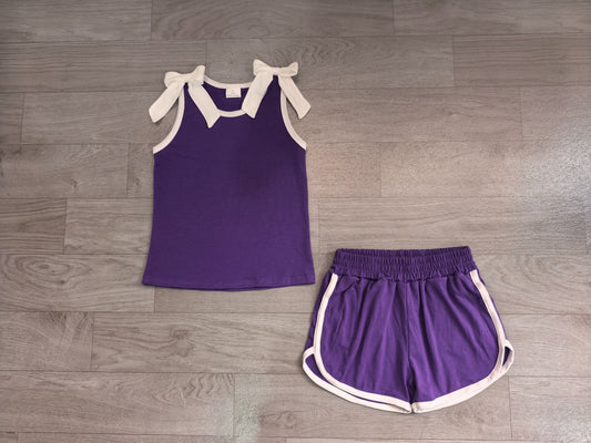 ( No mqo ) Preorder Baby Girls Kids White Trim Sleeveless Bows Shirt Shorts Purple Set Summer Clothes