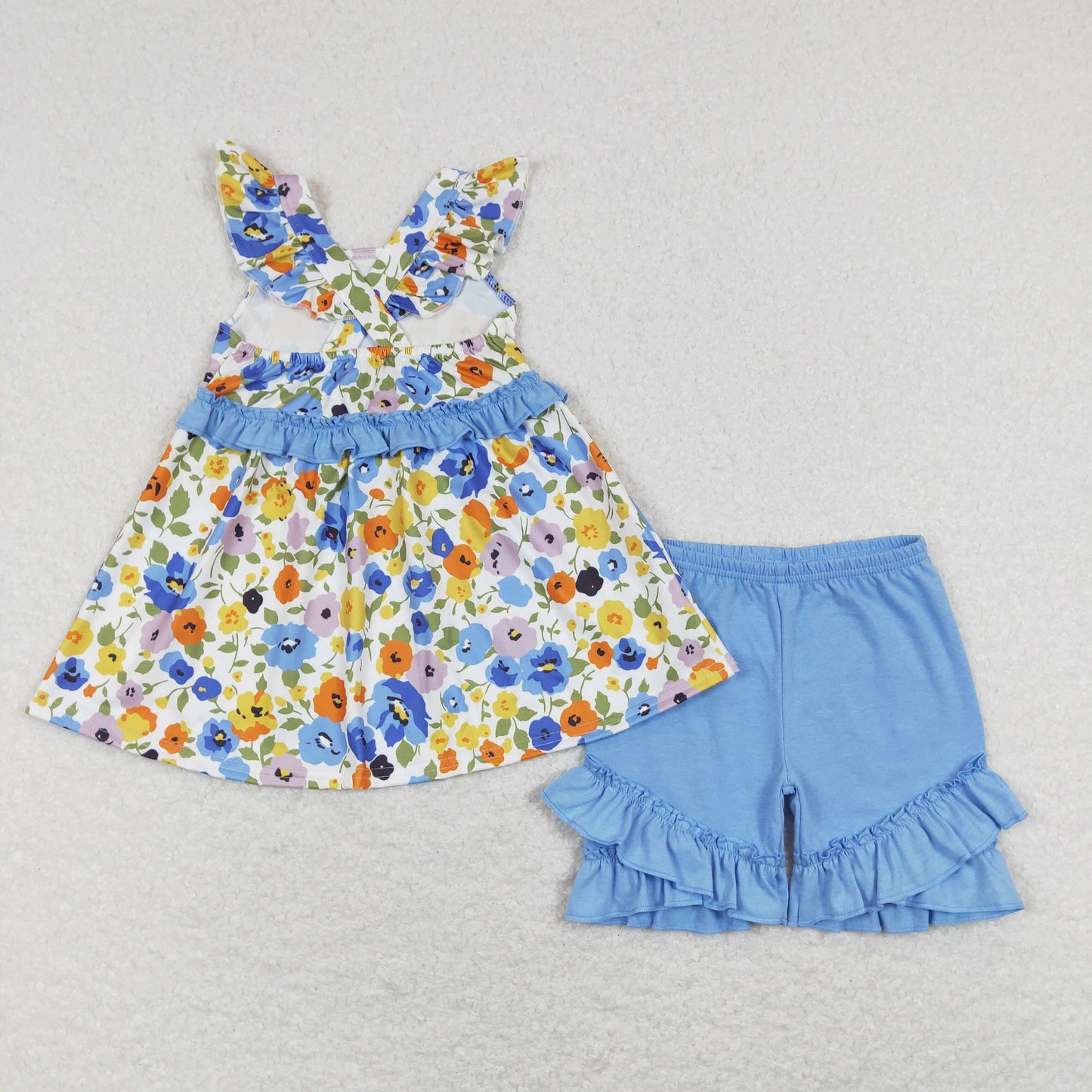 GSSO0494 Baby Girl Short Sleeves Floral Tunic Blue Ruffle Shorts Set
