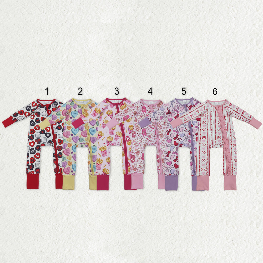 Sibling Baby Boys Girls Infant Hearts Bows Two-way Zipper Valentines Footie Sleeper Rompers RTS
