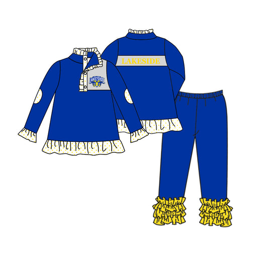 Baby Girl Long Sleeve Blue Shirt Ruffle Pants Clothes Team Set Moq 5