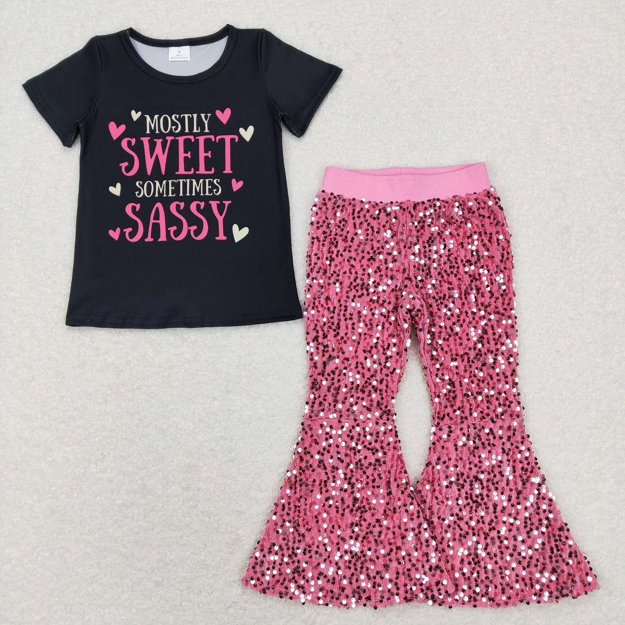 GSPO1178 Baby Girl Short Sleeves Mostly Sweet Sometimes Sassy Shirt Pink Sequins Pants Outfit