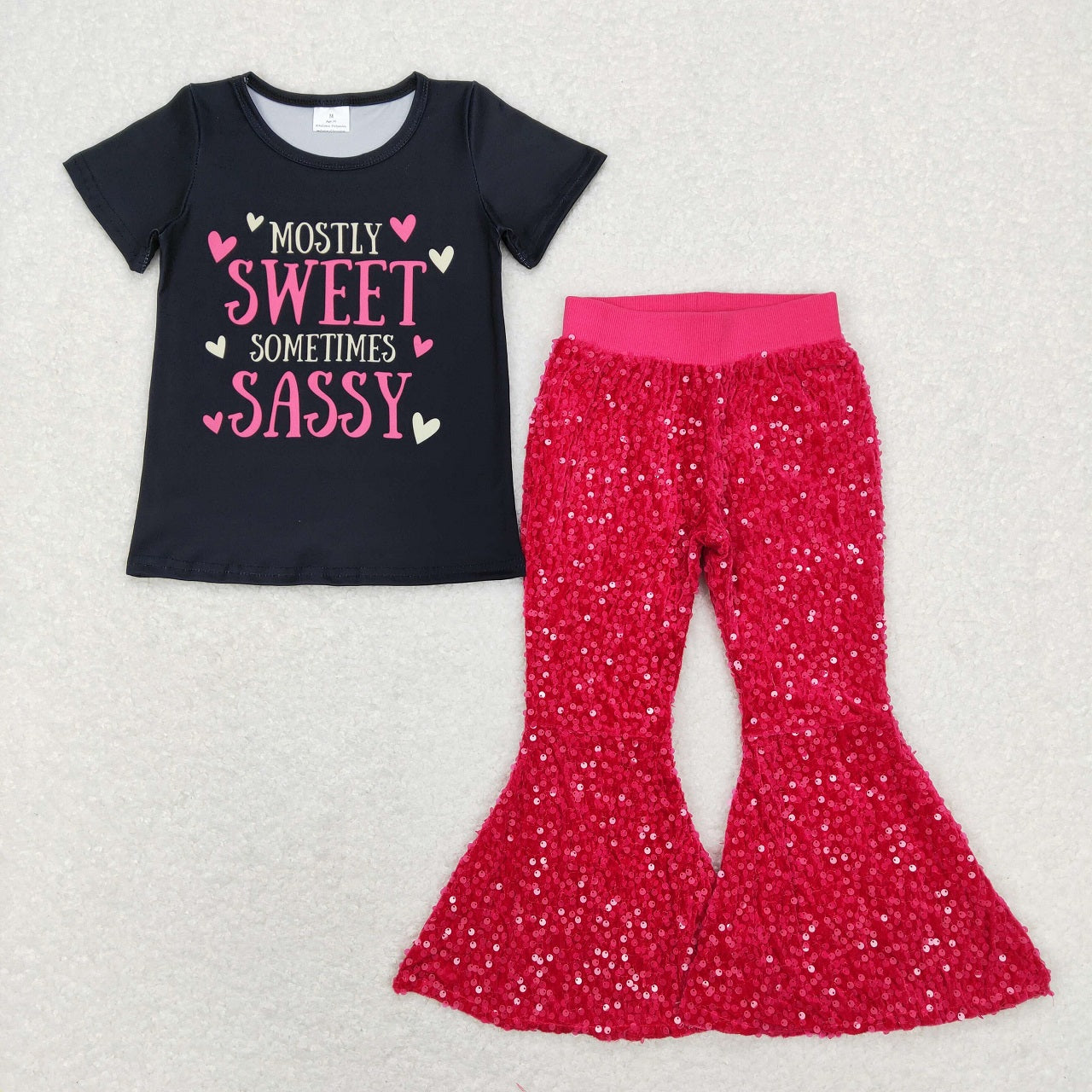 Baby Girl Short Sleeves Mostly Sweet Sometimes Sassy Shirt Sequins Pants Outfit