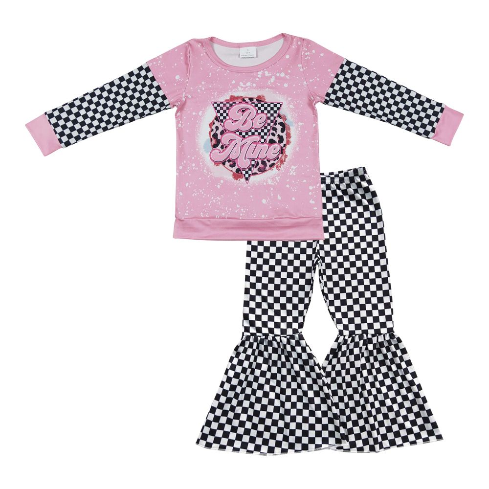 Baby Girl Be Mine Long Sleeves Pink Shirt Checkered Bell Pants Outfit