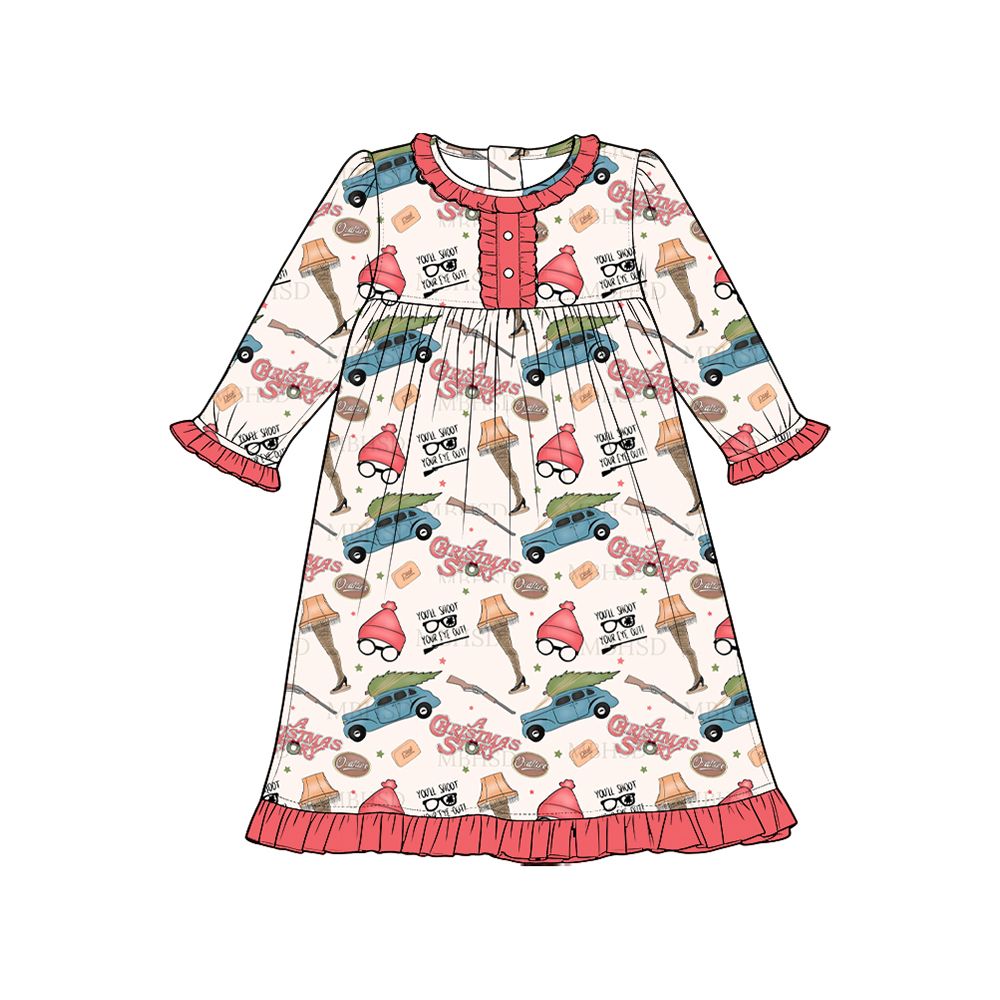 ( Moq 5 ) Preorder Baby Girls Kids Long Sleeves Christmas Buttons Pajamas Dress
