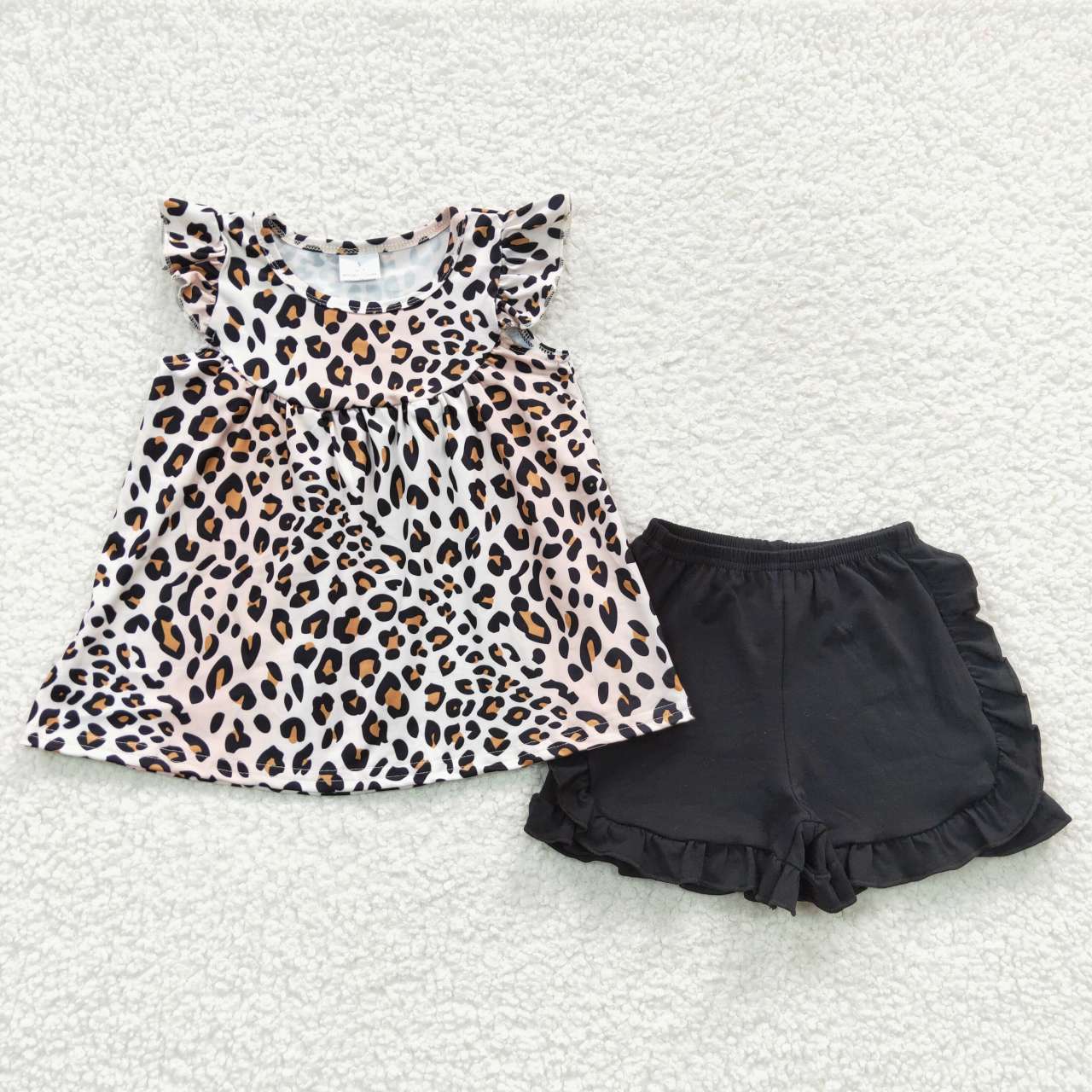 GSSO0312 Baby Girl Summer Short Sleves Leopard Tunic Cotton Black Shorts Outfit