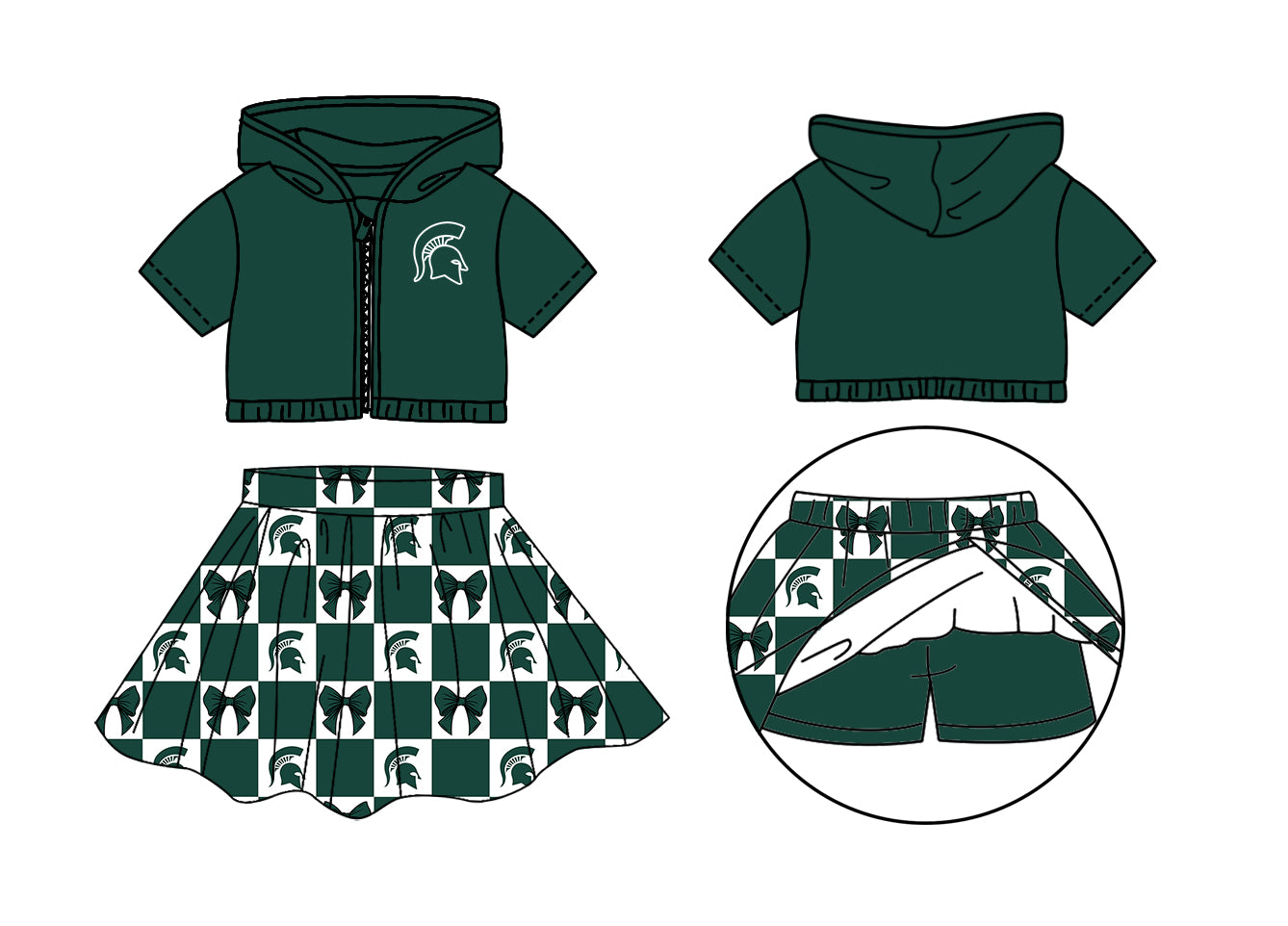 ( Moq 5 Each Style ) Baby Girls Toddler Green Hoodie Zipper Tops Bows Shorts Skirt Team Set