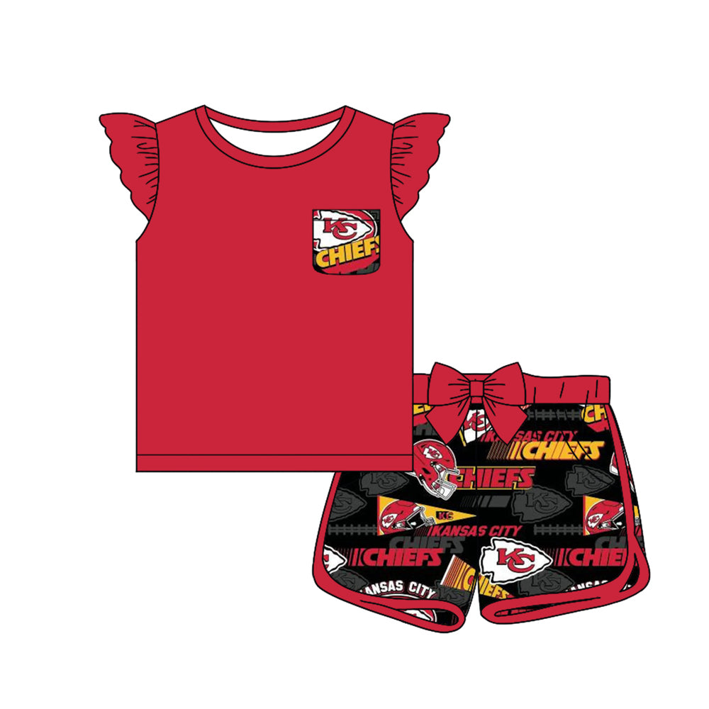 Baby Girl Short Sleeves Team Pocket Shirt Bow Shorts Set Moq 5