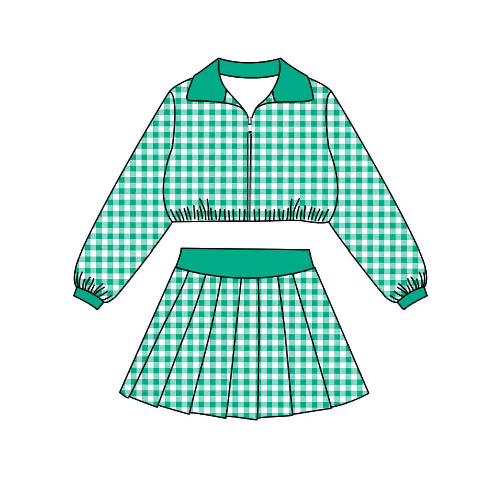( Moq 5 ) Baby Girls Kids Long Sleeves Black Plaid Zipper Tops Skirt Shorts Set Clothes