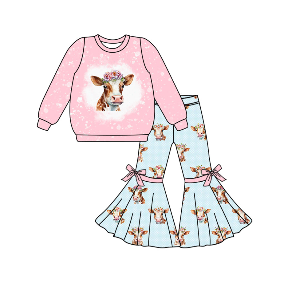 Baby Girl Long Sleeves Pink Shirt Cow Floral Bell Pants Western Set