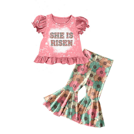 Baby Girl Short Sleeves She Is Risen Shirt Flower Bell Pants Easter Set Moq 5