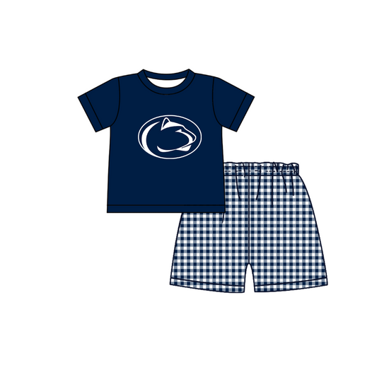 ( Moq 5 ) Baby Boys Toddler Short Sleeves Lion Shirt Navy Plaid Shorts Team Summer Set