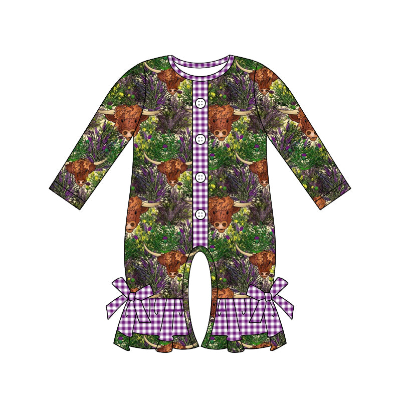 Baby Girl Long Sleeves Cow Purple Plaid Romper