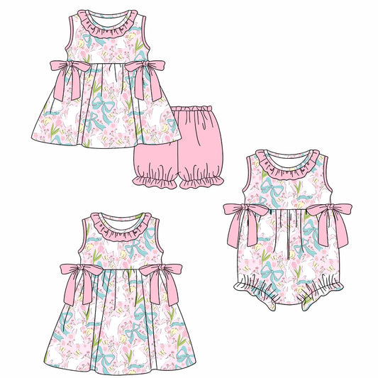 ( Moq 5 Each Style ) Baby Girls Kids Rabbits Flower Bows Sibling Easter Pink Romper Dress Set