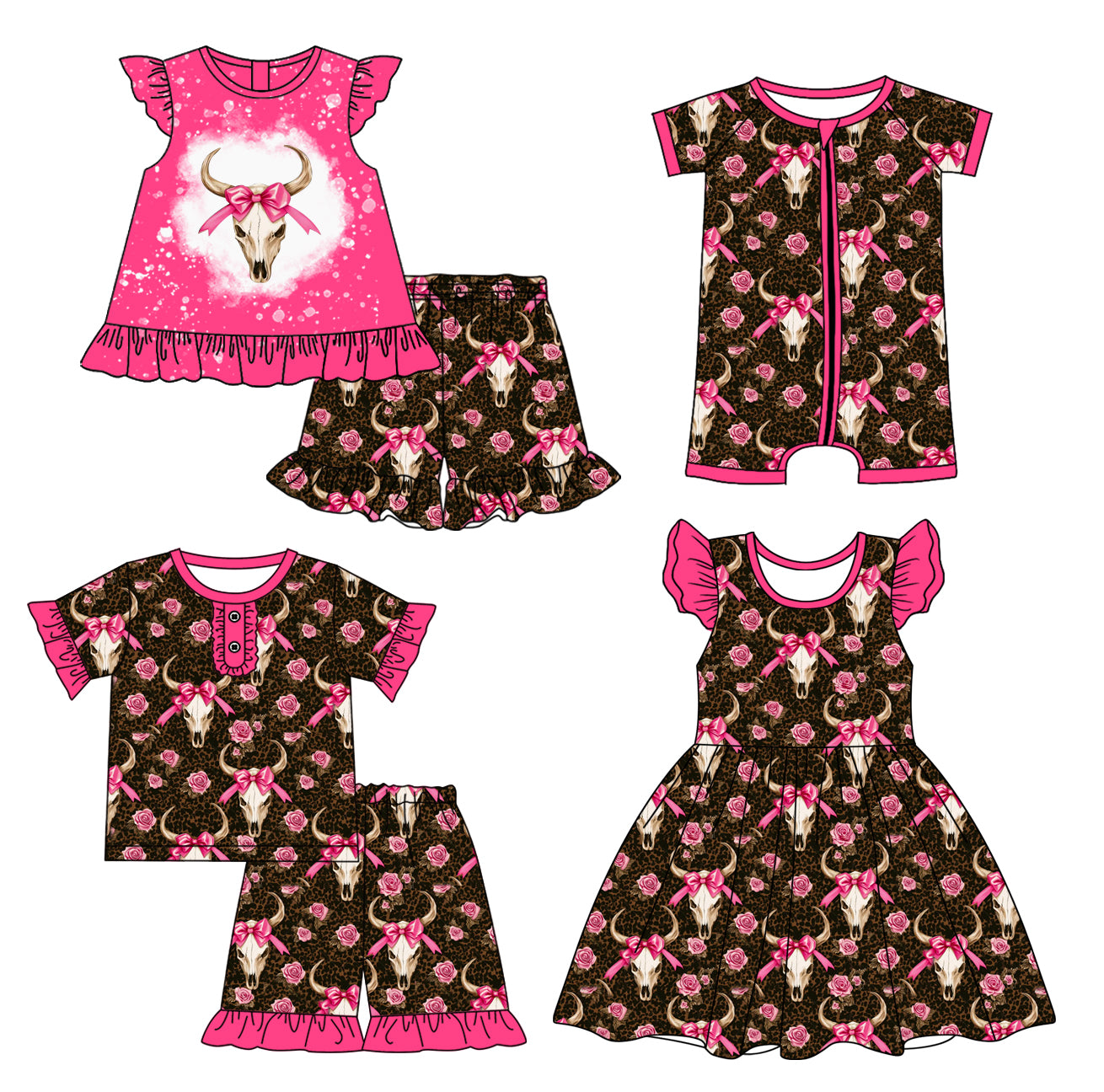 Baby Girl Western Cow Bows Flower Sibling Romper Dress Set ( Moq 5 Each Style ) 2.25