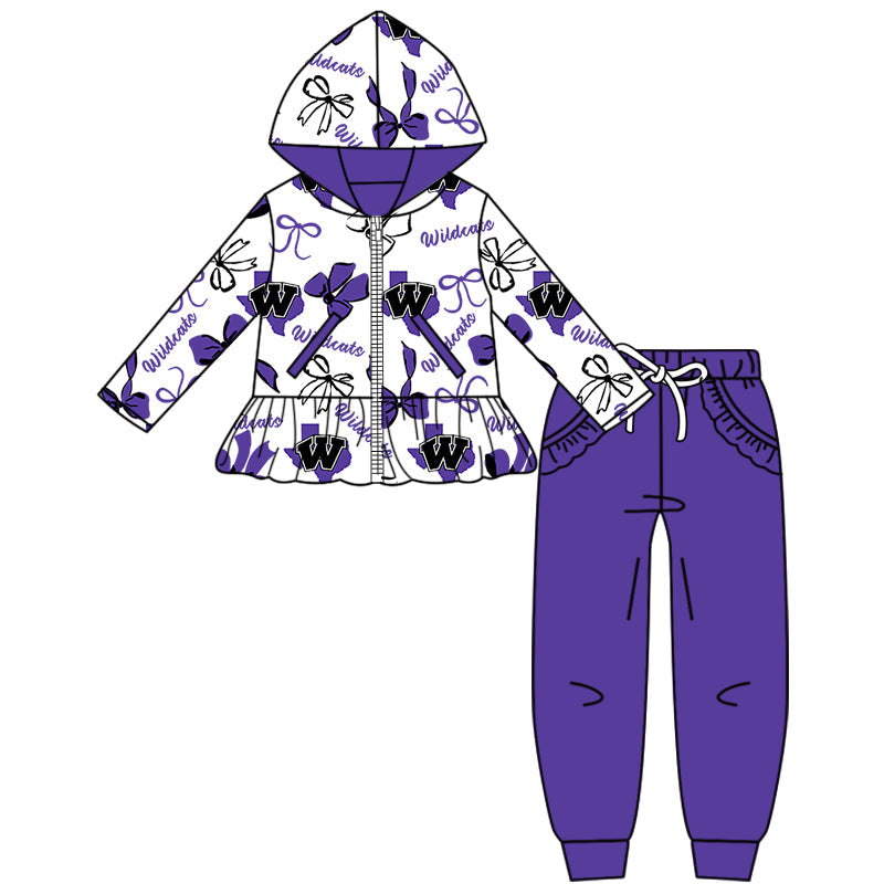 ( Moq 5 each style ) Baby Boy Girl Team Cheer Sibling Shirt Purple Bows Dress Set 8.18
