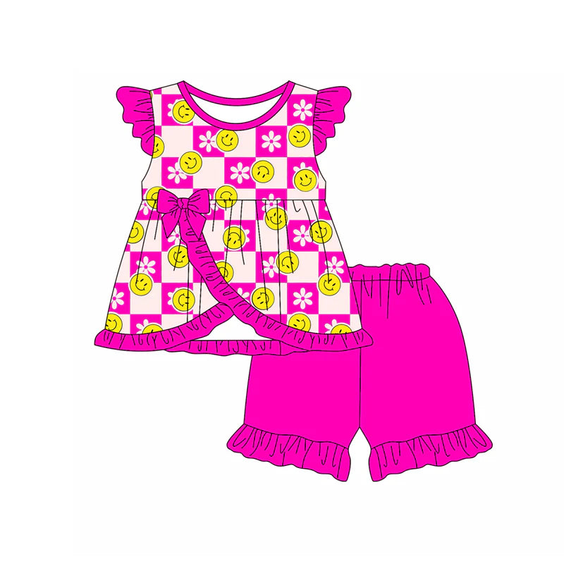 Baby Girl Pink Flutter Sleeves Smiles Flowers Tunic Ruffle Shorts Set ( Moq 5 )
