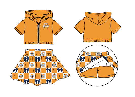 ( Moq 5 Each Style ) Baby Girls Kids Toddler Orange Hoodie Zipper Tops Bows Shorts Skirt Team Set