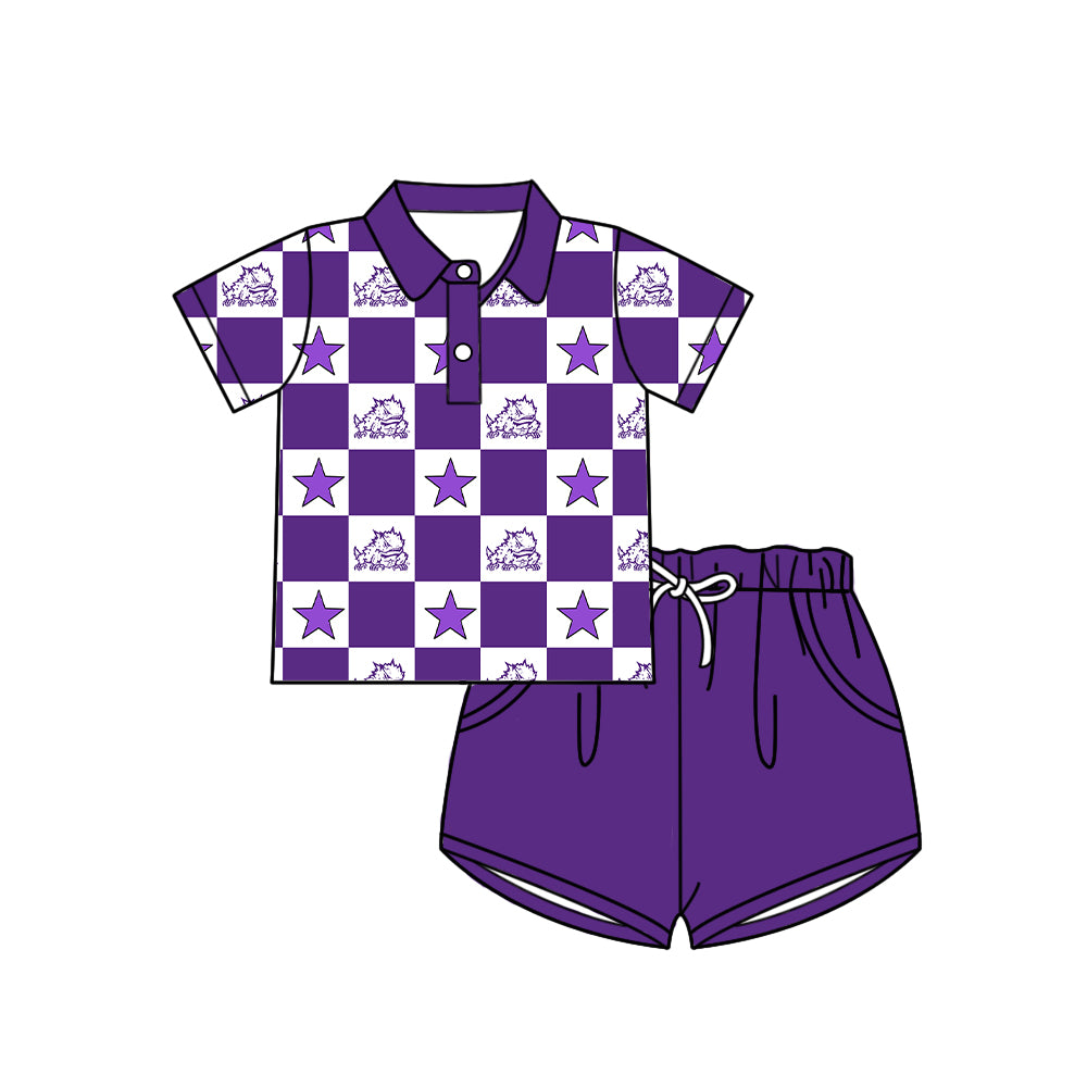 ( Moq 5 Each Style ) Baby Boys Girls Toddler Purple Bows Team Sibling Shorts Dress Sets Clothes