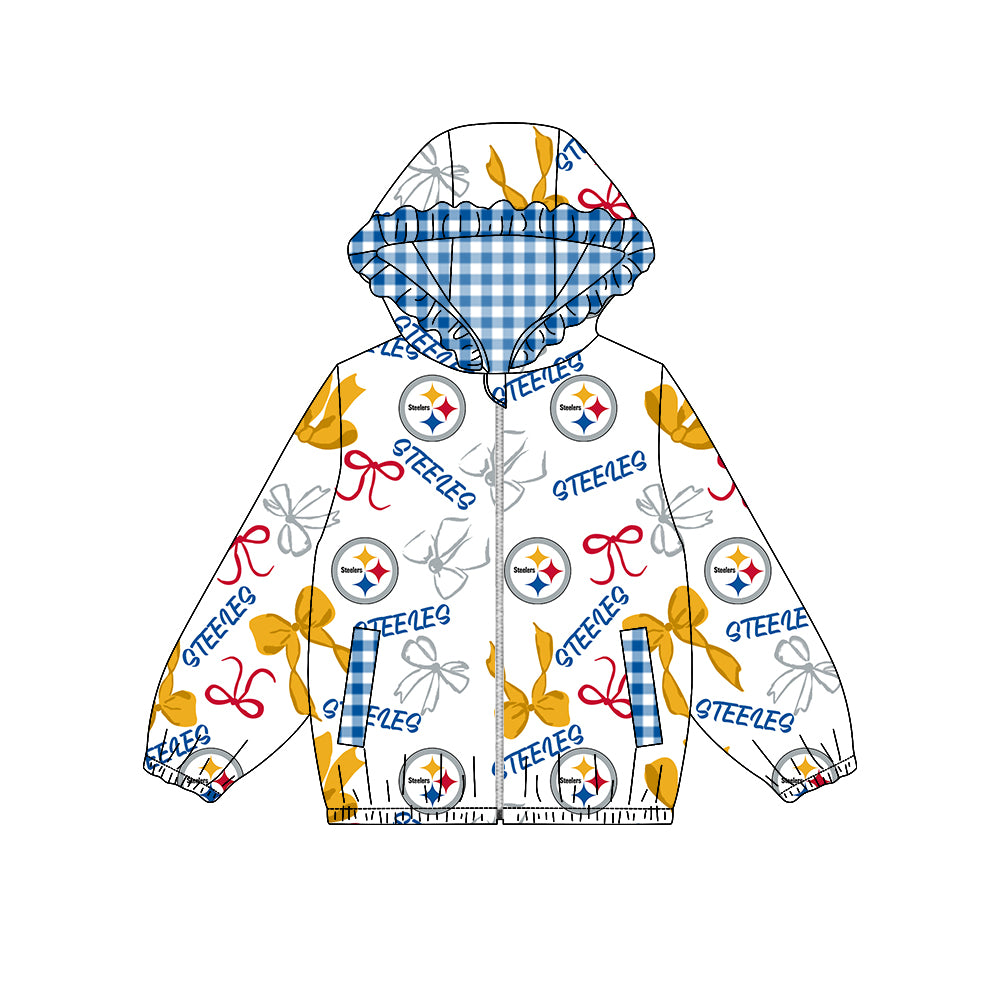 ( Moq 5 ) Preorder Baby Girl Kids Bows Pockets Zipper Blue Plaid Hoodie Jacket Coat Team Tops