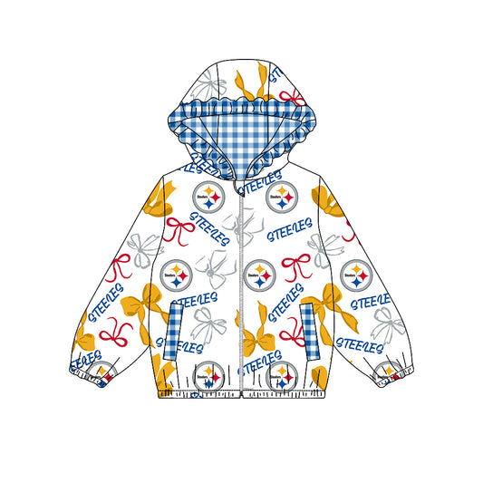 ( Moq 5 ) Custom  Baby Girl Kids Bows Pockets Zipper Blue Plaid Hoodie Jacket Coat Team Tops
