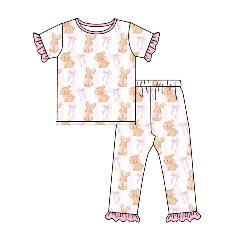 Baby Girl Short Sleeves Rabbit Bow Shirt Pants Pajamas Easter Set Moq 5