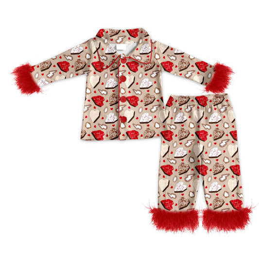 ( Moq 5 ) Baby Girls Fur Long Sleeves Hearts Buttons Shirt Pants Valentines Pajamas Set