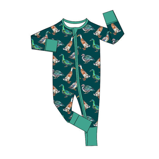 Baby Boy Infant Long Sleeves Ducks Zipper Green Romper