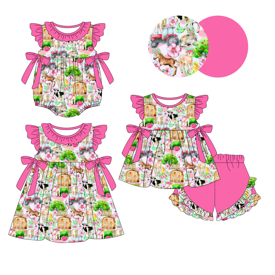 ( Moq 5 Each Style ) Sibling Baby Boys Girls Short Sleeves Animals Flower Pink Bows Romper Dress Set