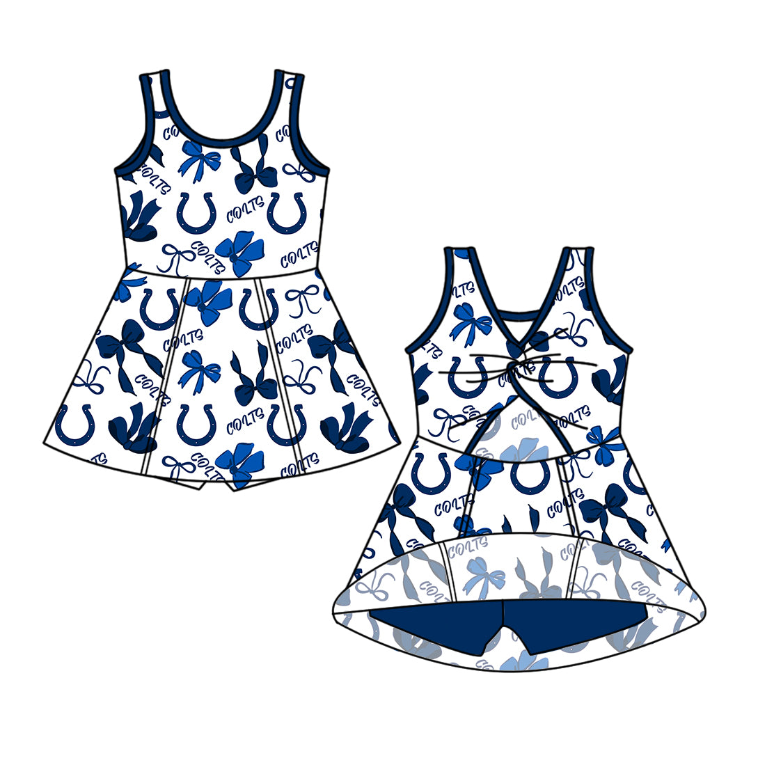 ( Moq 5 Each Style ) Sibling Baby Girls Kids Blue Bows Football Knee Length Dresses Clothes