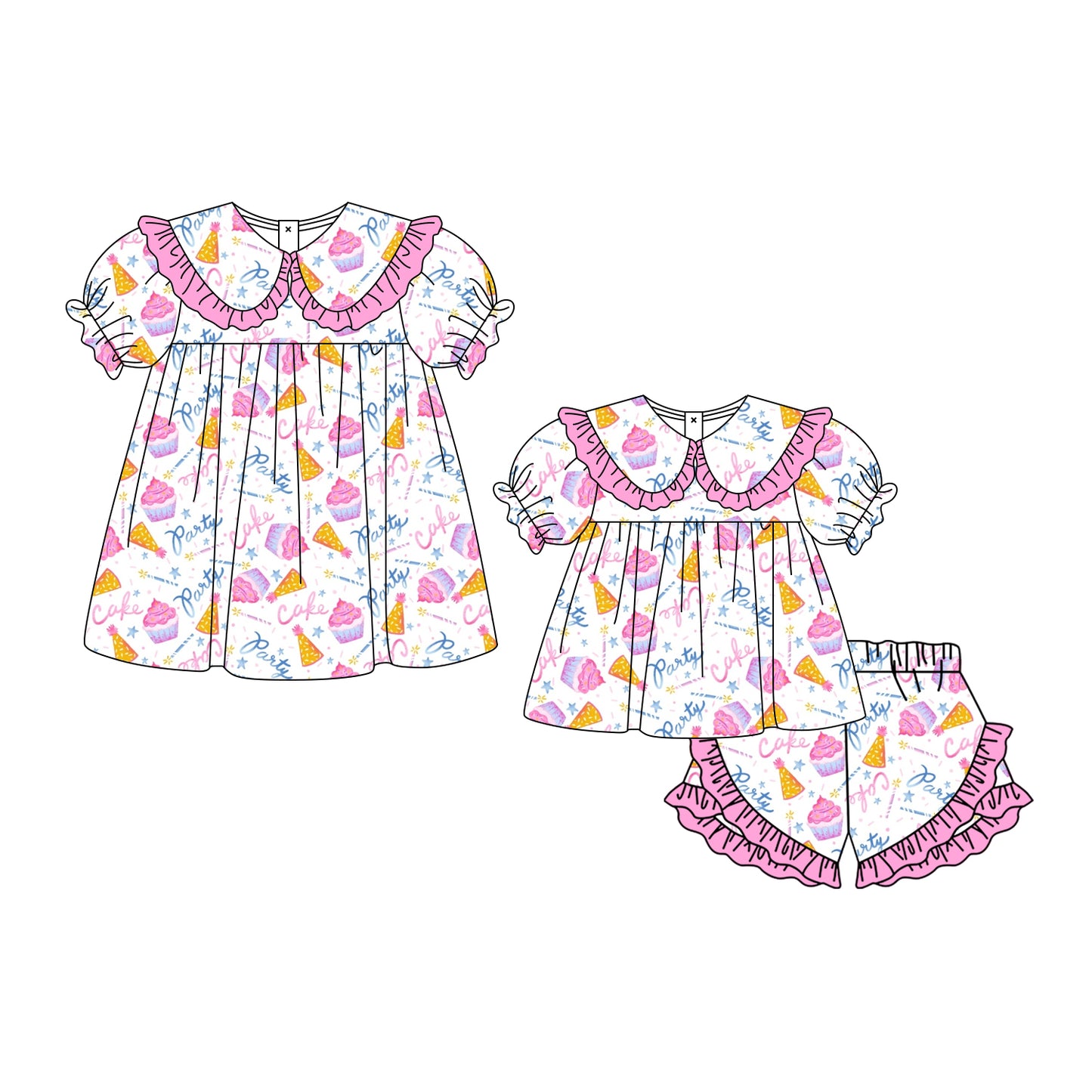 ( Moq 5 Each Style ) Baby Girls Kids Short Sleeves Cakes Birthday Sibling Dress Set